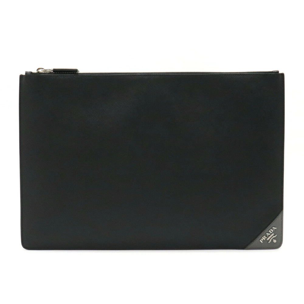 Prada Saffiano Metal Clutch Bag Shoulder Leather NERO Black MERCURI Gray